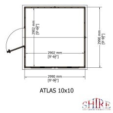 Floor plan schematic diagram showing internal and external measurements for the 10x10 Shire Atlas Workspace apex shed.