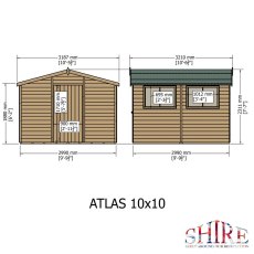 Front and side elevation schematic diagram showing key dimensions for the Shire Atlas 10x10 Workspace wooden apex shed.