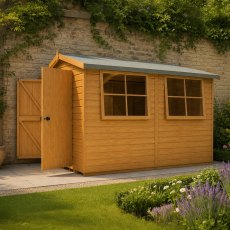 Shire Bison 10x8 apex wooden garden shed with open double doors and large side windows in a garden setting.