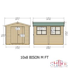 Front and side elevation schematic diagram showing dimensions for the Shire Bison 10x8 wooden apex shed.