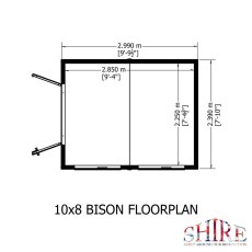 Floor plan schematic diagram showing internal and external dimensions for the Shire 10x8 Bison shed.