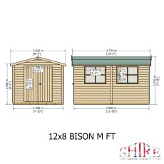 Front and side elevation schematic diagram showing dimensions for the Shire Bison 10x8 wooden apex shed.