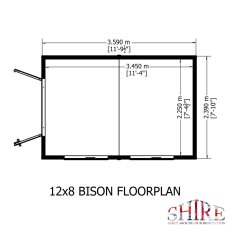 Floor plan schematic diagram showing internal and external dimensions for the Shire 10x8 Bison shed.