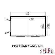 Floor plan schematic diagram showing internal and external measurements for the 14x8 Shire Bison shed.