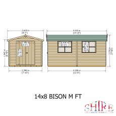 Front and side elevation schematic diagram showing key dimensions for the Shire Bison 14x8 wooden apex shed.
