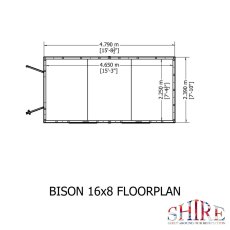 Floor plan schematic diagram showing internal and external measurements for the 16x8 Shire Bison shed floorplan.