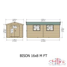 Front and side elevation schematic diagram showing key dimensions for the Shire Bison 16x8 wooden apex shed.