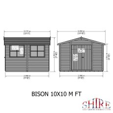 Front and side elevation schematic diagram showing dimensions for the Shire Bison 10x10 wooden apex shed.