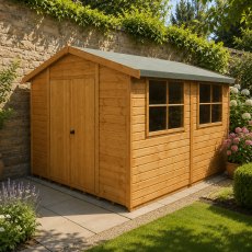 Shire Bison 10x10 apex wooden garden shed with double doors and large side windows set up in a garden patio area.