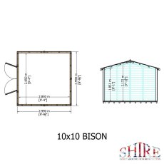Floor plan and interior cross-section diagram showing dimensions and layout for the Shire Bison 10x10 apex shed.
