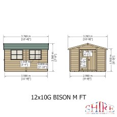 Front and side elevation schematic diagram showing dimensions for the Shire Bison 12x10 wooden apex shed.