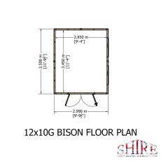 Floor plan schematic diagram showing internal and external dimensions for the Shire 12x10 Bison shed.
