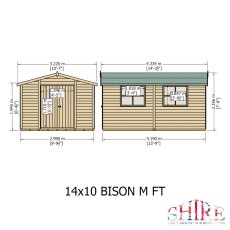 Front and side elevation schematic diagram showing key dimensions for the Shire Bison 14x10 wooden apex shed.