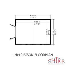 Floor plan schematic diagram showing internal and external measurements for the 14x10 Shire Bison shed.
