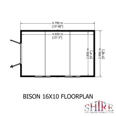 Floor plan schematic diagram showing internal and external measurements for the 16x10 Shire Bison shed.