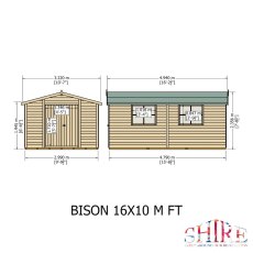 Front and side elevation schematic diagram showing key dimensions for the Shire Bison 16x10 wooden apex shed.