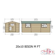 Front and side elevation schematic diagram showing key dimensions for the Shire Bison 20x10 wooden apex shed.