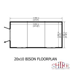 Floor plan schematic diagram showing internal and external measurements for the 20x10 Shire Bison shed.