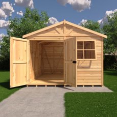 10 x 10 Shire Mammoth Professional Apex Shed - in situ, front view, doors open