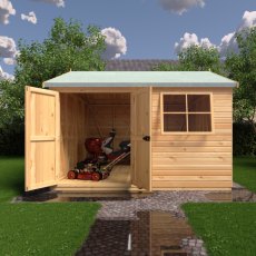 12x12 Shire Mammoth Professional Apex Shed - in situ, front view, doors open