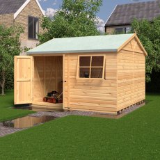12x12 Shire Mammoth Professional Apex Shed - in situ, angle view, door open