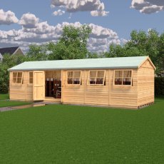10 x 30 Shire Mammoth Professional Apex Shed - in situ, angle view, doors open