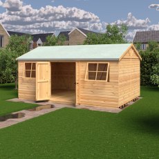 12 x 18 Shire Mammoth Professional Apex Shed - in situ, angle view, doors open