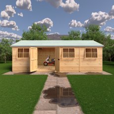 12 x 24 Shire Mammoth Professional Apex Shed - in situ, front view, doors open
