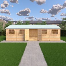 12 x 30 Shire Mammoth Professional Apex Shed - in situ, front view, door open