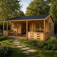 Exterior view of the natural timber Shire Kingswood log cabin featuring an integrated front porch with wooden balustrade railings, glass doors, and front windows set in a landscaped garden with a stone path.
