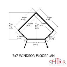 Floor plan blueprint showing wall dimensions and footprint for 7x7 Shire Gold Windsor 2.05m x 2.05m corner summerhouse.