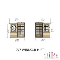 Front elevation and side height measurements diagram for 7x7 Shire Gold Windsor Corner Summerhouse.