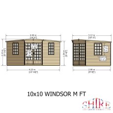 Exterior dimension diagram and front elevation measurements for 10x10 Shire Gold Windsor Corner Summerhouse.