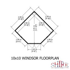 Corner summerhouse floor plan layout diagram showing wall dimensions for 10x10 Shire Gold Windsor 2.99m x 2.99m.