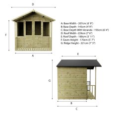 Technical drawing of Mercia 7x7 traditional summerhouse with dimensions