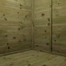 Interior corner of wooden summerhouse showing timber wall finish