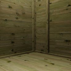 Interior corner of Mercia garden room summerhouse showing wooden walls and flooring