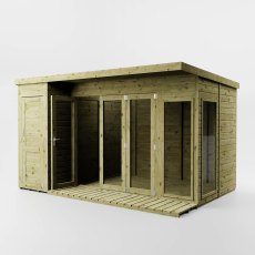 Mercia 12x8 garden room summerhouse with side shed front angled view with decking area