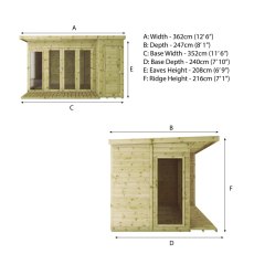 Technical elevation diagram of Mercia 12x8 garden room with side shed and dimensions