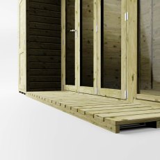 Close-up of Mercia garden room entrance showing double doors and timber decking