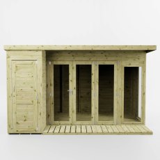 Front view of Mercia 12x8 garden room summerhouse with side shed and full glazed doors
