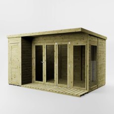 Mercia 12x8 garden room with side shed angled view showing large glazed doors and overhang