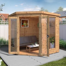 7x7 Mercia Premier Corner Summerhouse - in situ, angle view, doors open