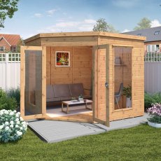 8x8 Mercia Premier Corner Summerhouse - in situ, angle view, doors open