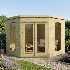 Front angle view of Mercia 8x8 corner summerhouse with large glazed panels