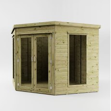 Angled rear view of Mercia 8x8 corner summerhouse with timber cladding
