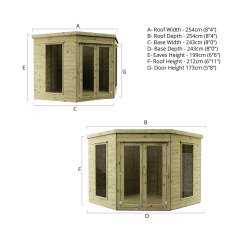 Mercia 8x8 corner summerhouse dimensions diagram with front and side elevations