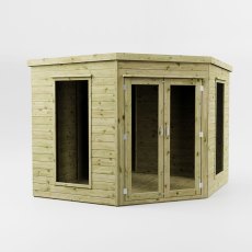 Side perspective view of Mercia 8x8 corner summerhouse with tall side glazing