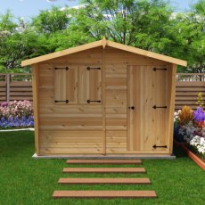 9x6 Shire Gold Security Cabin Summerhouse - in situ, front view, doors closed