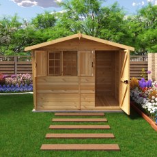 9x6 Shire Gold Security Cabin Summerhouse - in situ, front view, doors open